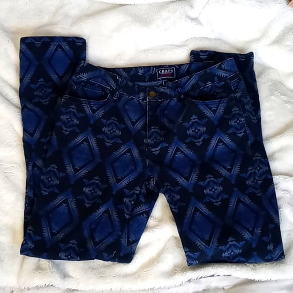 Chaps Denim jeans, blue and black Aztec pattern, size 6, southwestern, vintage